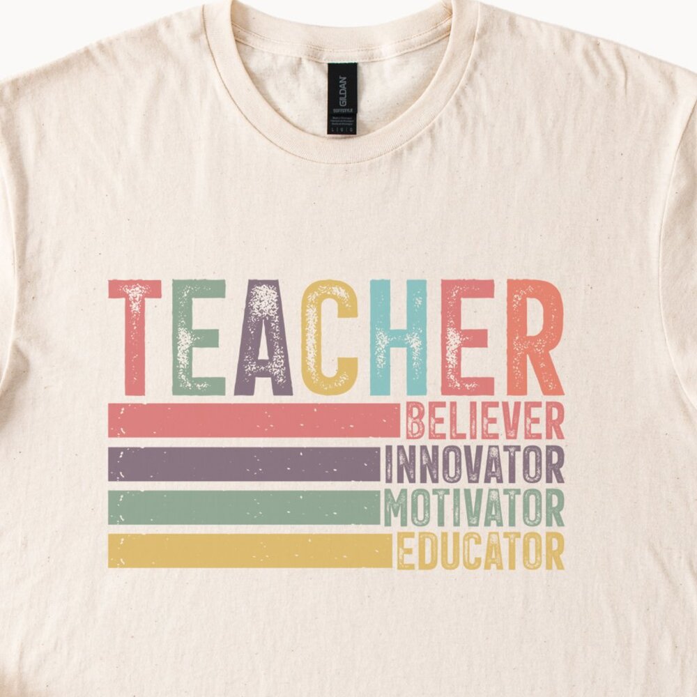 Teacher Graphic Shirt Colorful Believer Innovator Motivator Educator Tee - Picture 2 of 6